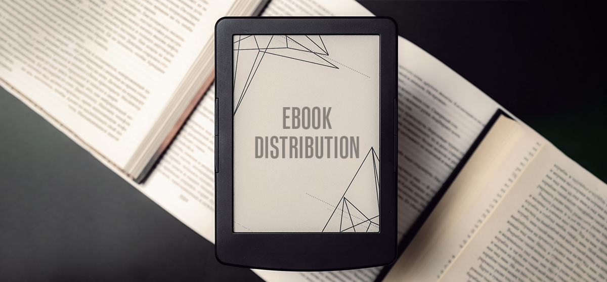 An ebook lies on top of a book. Digital ebook distribution is presented.